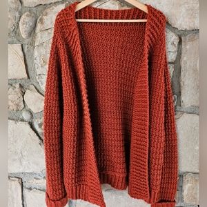 Handmade Rust Orange Knitted Cardigan Sweater  Size L to XL